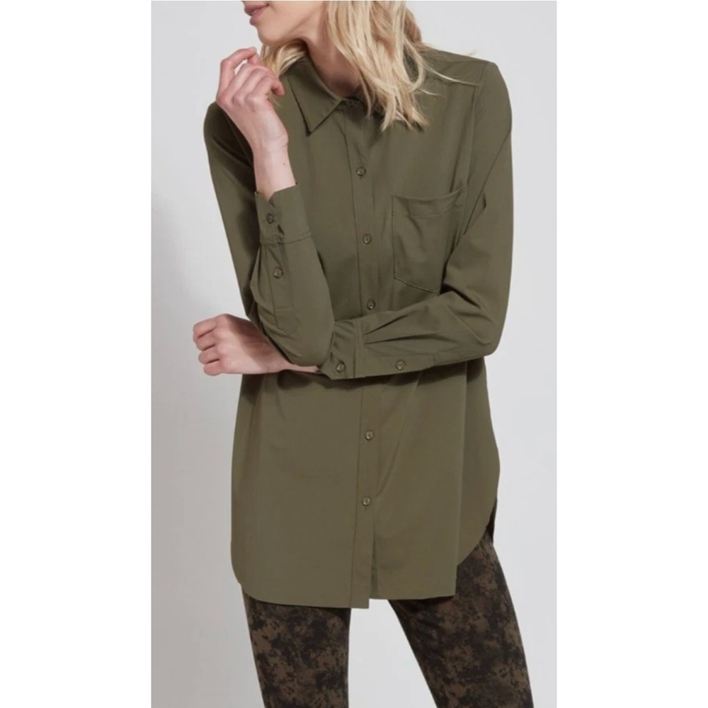 Lysse Schiffer Tunic Button Front L Deep Olive Green Easy Care Shirt Stretch